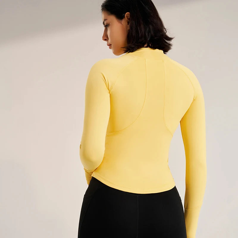 Áo khoác thể thao nữ Áo khoác yoga mỏng có khóa kéo Áo khoác chạy bộ nhanh khô co giãn dài tay có lỗ xỏ ngón tay cái Áo tập thể dục