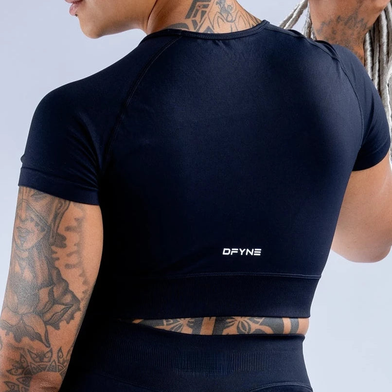 Áo crop top Dfyne Impact dành cho nữ Áo thun tập gym tay ngắn có logo Áo tập yoga liền mạch Quần áo tập luyện co giãn Áo phông chạy bộ