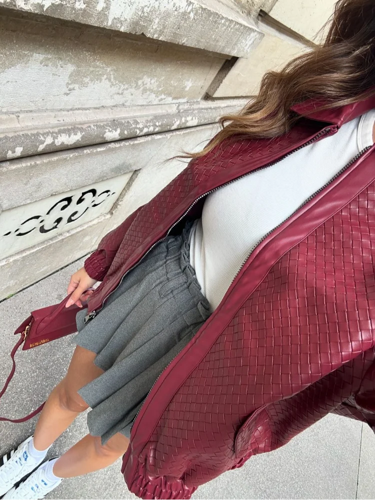 Chic Burgundy Zipper Braid Leather Coat